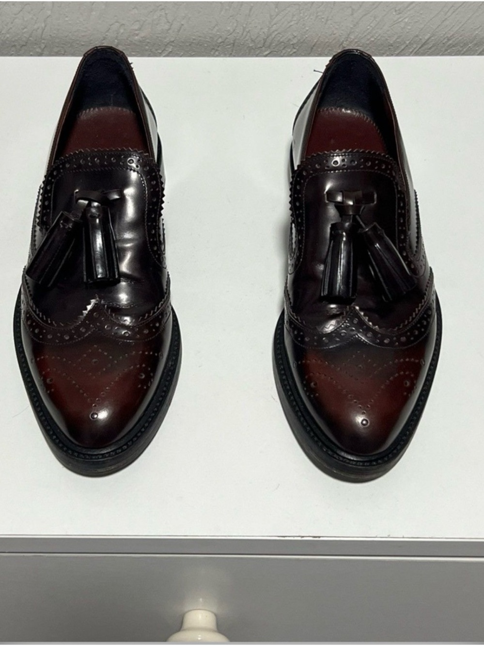 Burberry Burgundy  Brogue Leather Tassel Detail Loafers